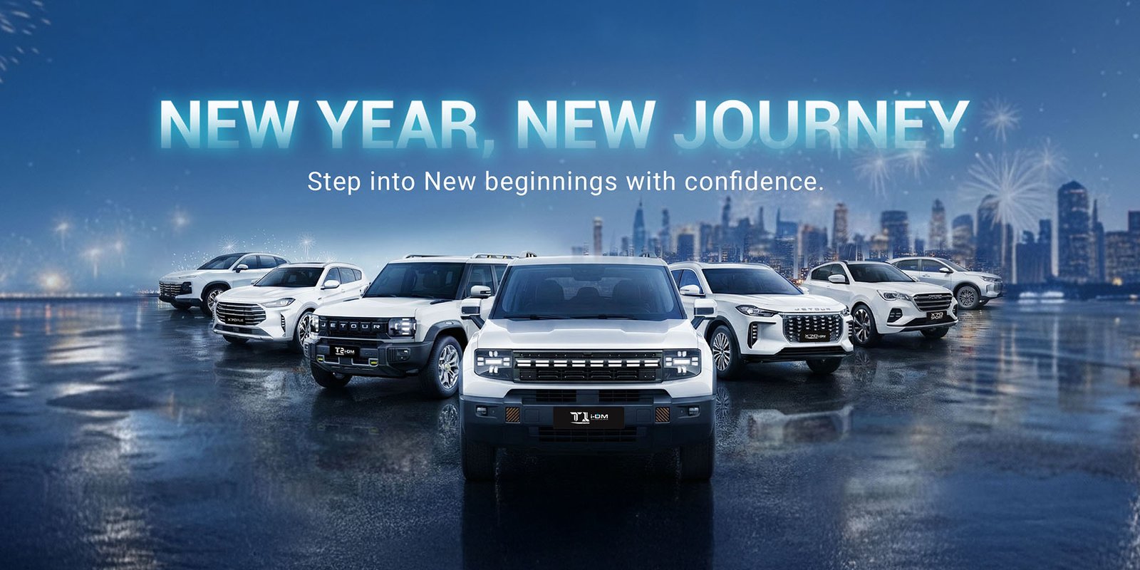 JETOUR vehicle lineup displayed on a city backdrop with New Year New Journey campaign headline, showcasing modern SUVs and hybrid models